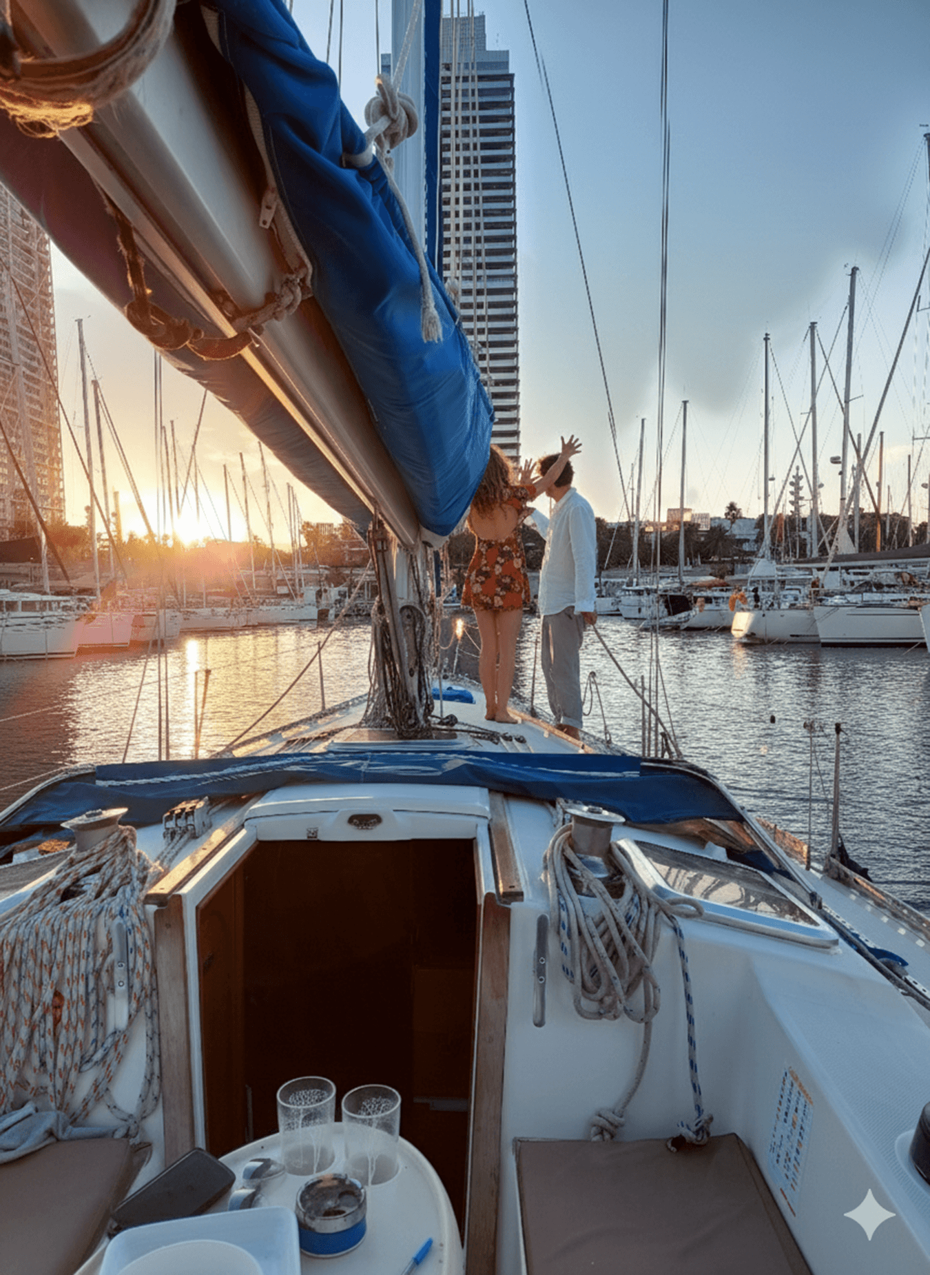 Pareja bailando en proa del velero al atardecer — boat party Barcelona